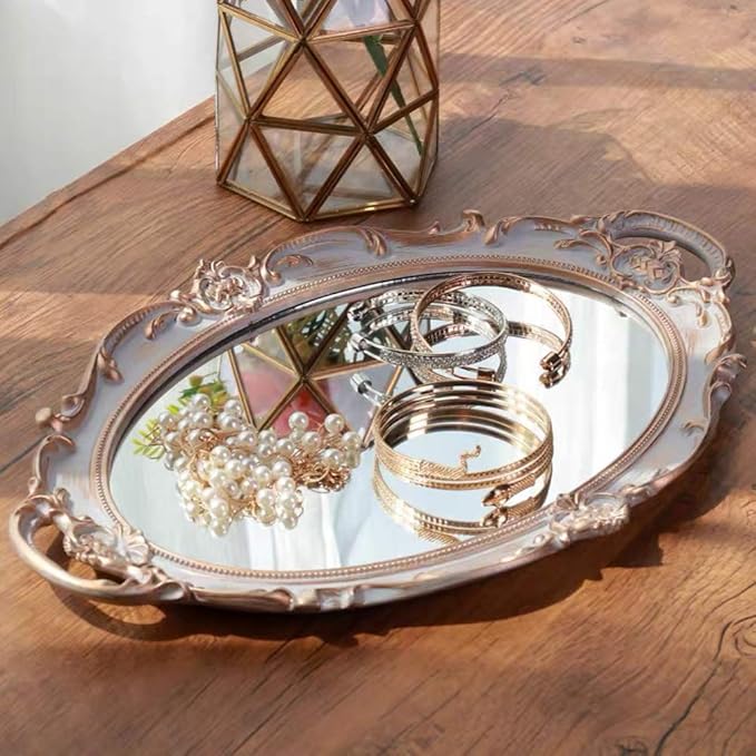 Oval Vintage Decorative Mirror Tray, Jewelry Dresser Organizer Tray, Cosmetics Makeup Storage Organizer, Serving Tray (9.8”x 14.6”) Gray