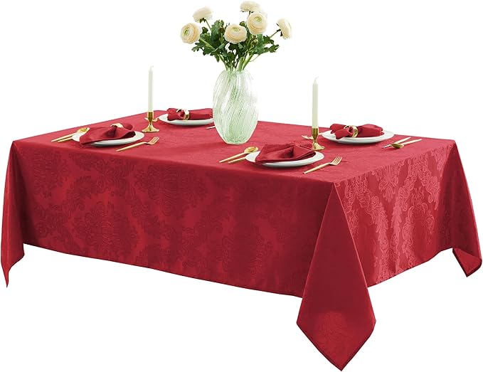 Newbridge Barcelona Damask Fabric Tablecloth, 60 x 102 Inch Rectangle, Red – No Iron, Soil Resistant Table Cover for Dining, Parties and Holidays