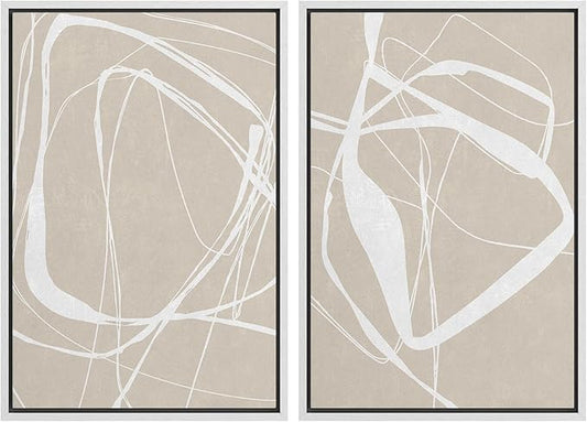 SIGNWIN Framed Canvas Print Wall Art Set Mid-Century Geometric Ring Pattern Abstract Shapes Cozy Neutral Minimalism Decorative Bohemian Relax/Zen for Living Room, Bedroom, Office - 24"x36"x2 White