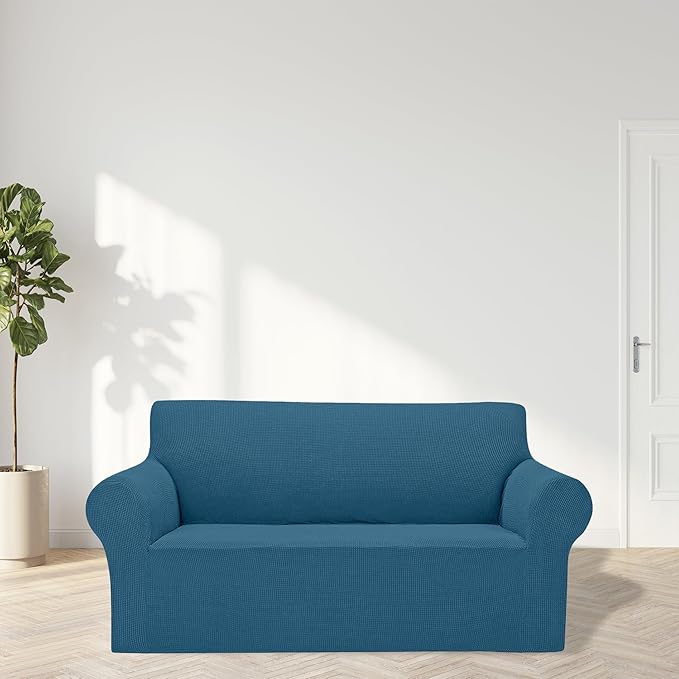 Cupuamon 2025 New Stretch Loveseat Sofa Slipcovers Couch Cover for 2 Cushion Furniture Protector Sofa Covers with Elastic Bottom Jacquard Fabric Small Checks for Pets, Kids - Peacock Blue