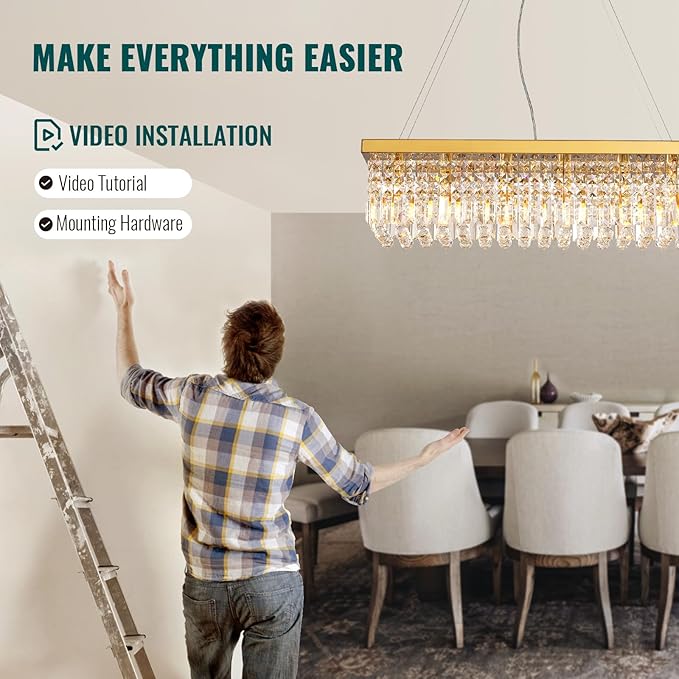 Siljoy 6-Light Modern Crystal Chandelier Rectangular Gold K9 Crystal Raindrop Chandelier for Dining Room, Luxury Adjustable Ceiling Pendant Light for Living Room Kitchen Island L31.5'' x W10'' x H10''