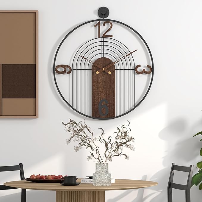Modern Large Walnut Dial Wall Clock, Wood Metal Frame Silent Non Ticking Wall Clocks Decoration for Living Room, Bedroom, Kitchen, Study, Handmade Home Decor Present Idea, 22 Inch