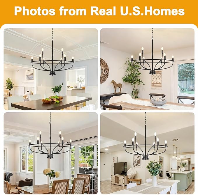 30" Black Chandelier, 9-Light Modern Farmhouse Chandelier for Dining Room Lighting Fixtures Hanging, Candle Chandelier Light for Living Room, Kitchen Island, Bedroom, E12(Bulbs Not Included)