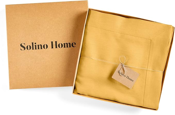 Solino Home Linen Tablecloth for Rectangle Tables 60 x 144 Inch - 100% Pure Linen Mustard Yellow Table Cloth - Fete, Machine Washable Cloth Tablecloth