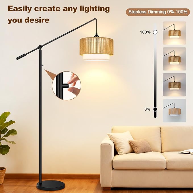 【Upgraded】Arc Floor Lamp for Living Room, Boho Dimmable Swing Arm Floor Lamp with Rattan & Fabric Shades, Black Rattan Standing Lamp with 11W Bulb, Farmhouse Adjustable Tall Lamp for Bedroom Office