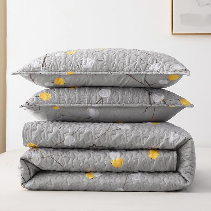 DURLENGEN Floral Quilt Set King Size 3Pcs, Grey Branch with Yellow Turquoise Polka Dot Pattern All Season Lightweight Coverlet Sets(King 106x96, Botanical Grey)