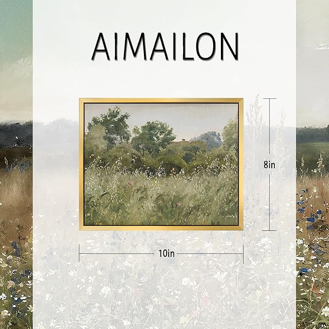 AIMAILON Vintage Gold Canvas Wall Art Framed Decor Retro Rural Scenery Spring Grassland Nature Theme Print Artwork Tranquil Rustic Outskirt Wildflower Landscape Classical Decoration 8x10