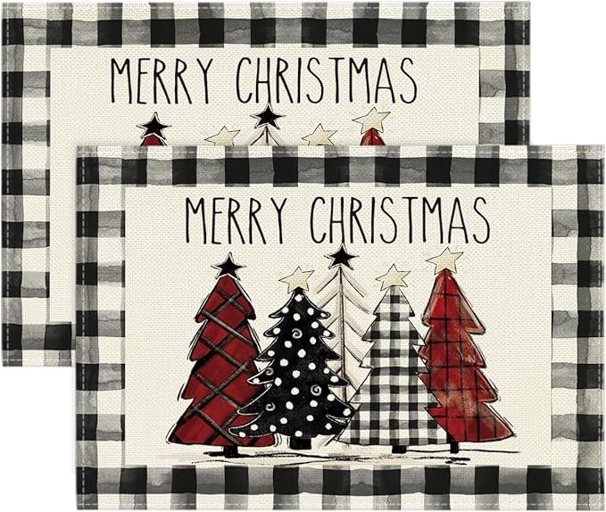 Artoid Mode Waterclor Buffalo Plaid Christmas Trees Placemats Set of 2, 12x18 Inch Winter Table Mats for Outdoor Home Party Kitchen Dining Decor