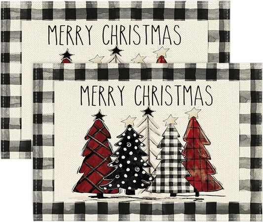 Artoid Mode Waterclor Buffalo Plaid Christmas Trees Placemats Set of 2, 12x18 Inch Winter Table Mats for Outdoor Home Party Kitchen Dining Decor
