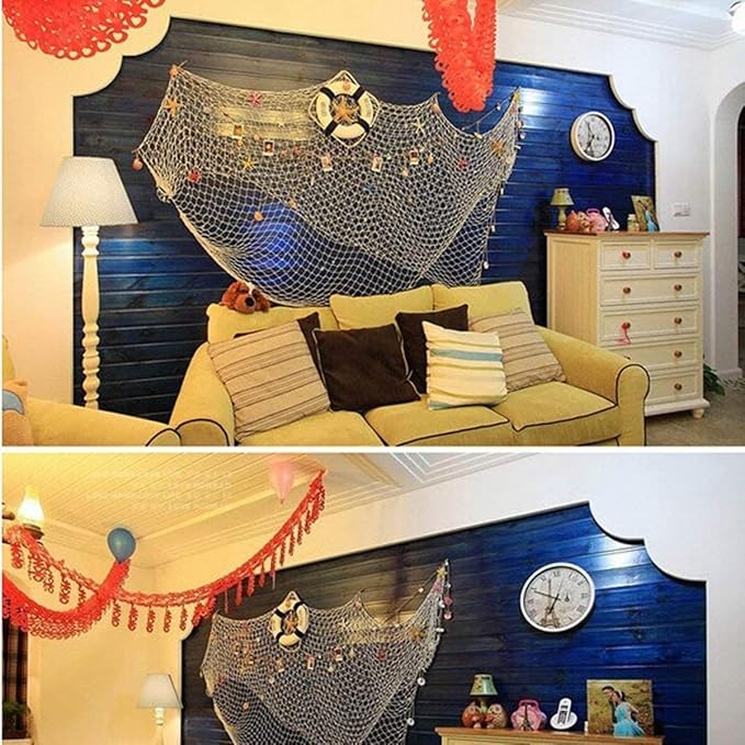 Nature Fish Net Wall Decoration with Shells, Ocean Themed Wall Hangings Fishing Net Party Decor for Pirate Party,Wedding,Photographing Decoration (2pack Beige(no Shells))