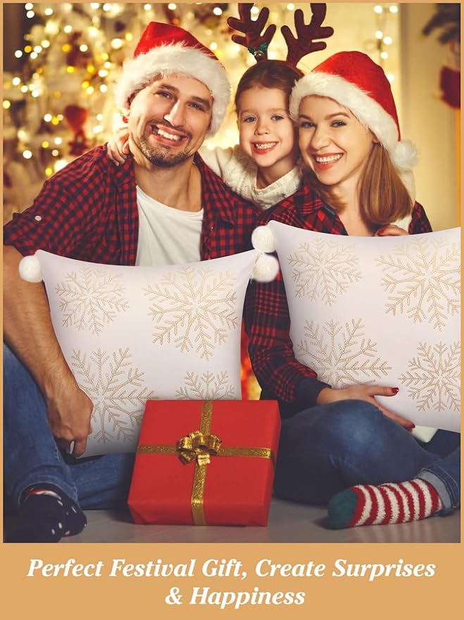 Lewondr Christmas Throw Pillow Covers, Snowflake Embroidery 20x20 Pillowcases Home Xmas Gold Decorative 2 Pack Cushion Covers Soft for Sofa Bed Chair, White&Yellow