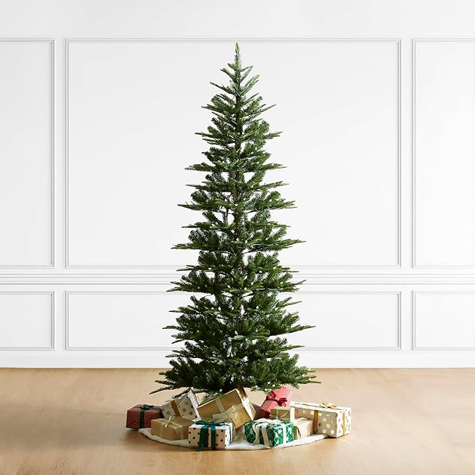 Glitzhome 7.5ft Artificial Prelit Christmas Tree, Cascade Evergreen Slim Christmas Tree with 350 Strawberry Lights,998 PE&PVC Tips, 9 Functional Warm White/Multi-Color, Remote Controller