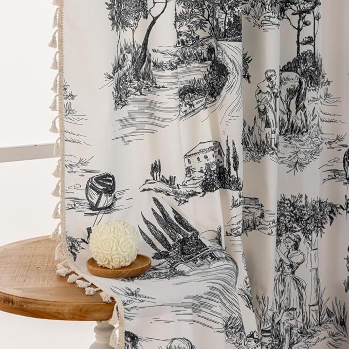 F-CHU Vintage Patterned Curtains 84 Inches Long for Bedroom 2 Panels Semi Blackout Farmhouse Modern Pattern on Cream White Cotton Fabric Window Treatments Drapes for Bedroom 55" W x 84" L Black