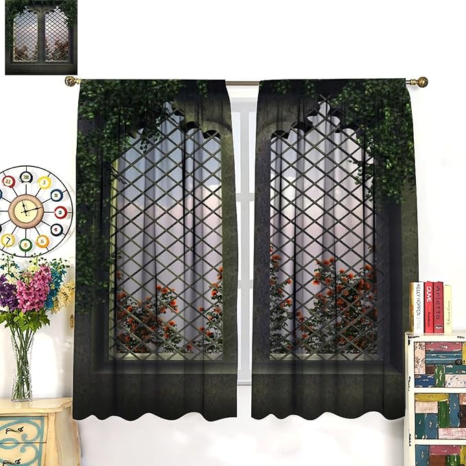 Gothic Mid Century Flower Blackout Curtains, Vintage Castle Botanical Floral Print Pattern Window Drapes, for Living Room Bedroom 36(W)*63(L) 2 Panels