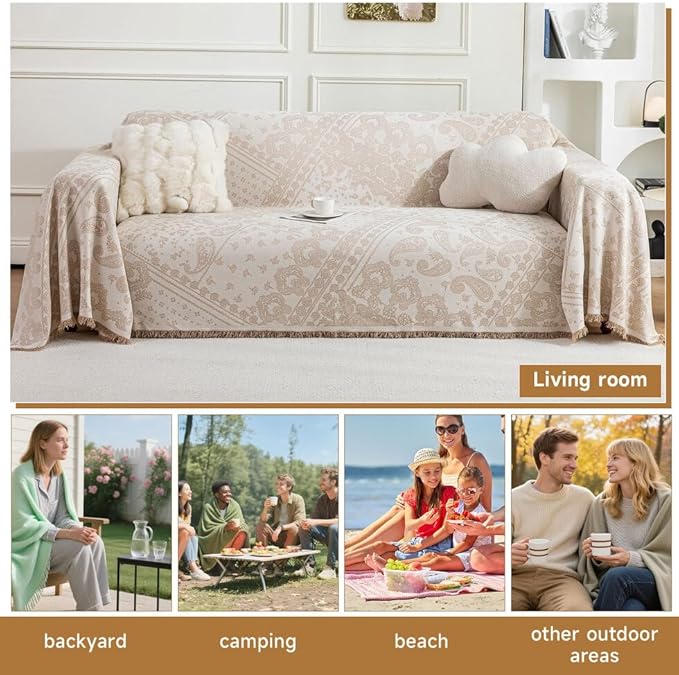 ROOMLIFE Boho Beige Couch Cover for Dogs, Washable Non Slip Furniture Protector Couch Sofa Covers for 3 Cushion Couch, Soft Breathable Sofa Slipcovers Couch Cover Throw Blanket with Tassels71''X134''