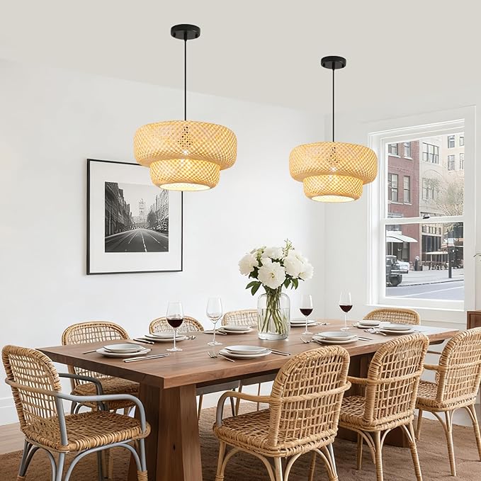 Bamboo Pendant Lights 13.8IN Farmhouse Chandelier Hand-Woven Natural Ceiling Hanging Lamp for Kitchen Island Living Room Bedroom Restaurant Dining Room