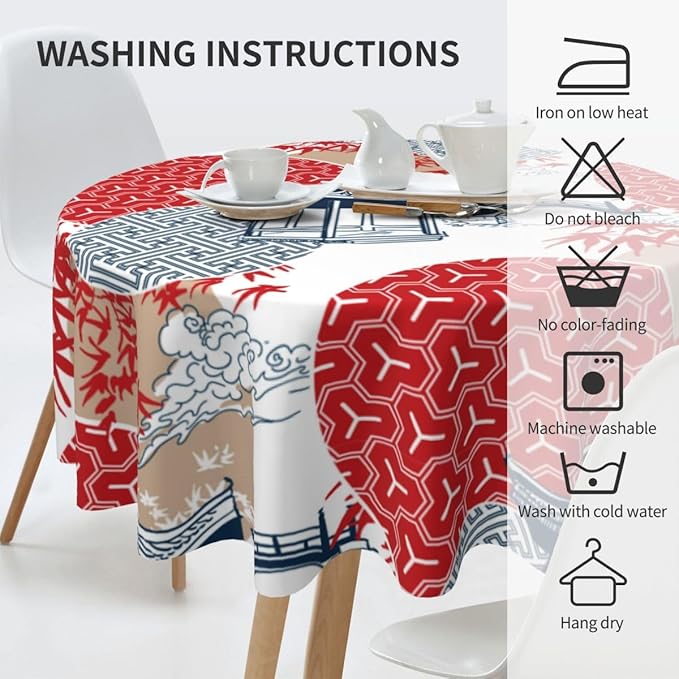 Japanese Tablecloth, Traditioanal Chinese Landscape Oriental Vintage Eastern Water Resisitant Wipeable Table Cover for Dining Kitchen Living Room Home Party Holiday Decor 70 inch Round