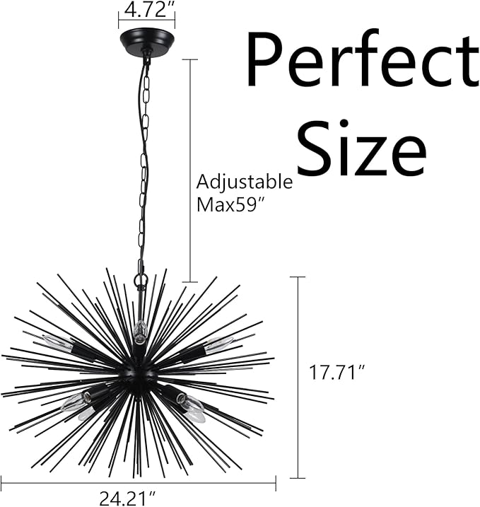 24.21" Black Sputnik Chandelier Vintage Geometric Starburst Chandelier Light Fixture Modern Solid Metal Firework Chandeliers for Dining Room, Kitchen Island, Bedroom, Living Room, E12