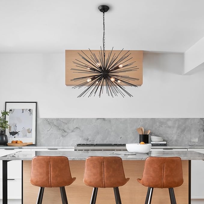29.13" Large Black Sputnik Chandelier Vintage Geometric Starburst Chandelier Light Modern Solid Metal Firework Chandeliers for Dining Room, Kitchen Island, Bedroom, Living Room