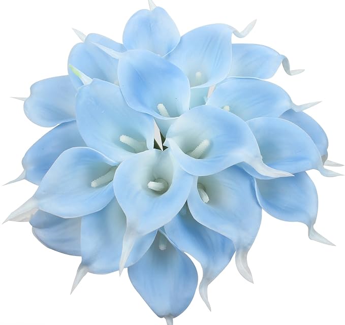 Duovlo 20pcs Calla Lily Bridal Wedding Bouquet Lataex Real Touch Artificial Flower Home Party Decor (Light Blue)