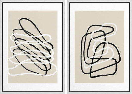 SIGNWIN Framed Wall Art Print Set Black and White Lines Tangled Tan Background Abstract Swirly Cozy Neutral Modern Art Mid-Century Modern Expressive for Living Room, Bedroom, Office - 24"x36"x2 White
