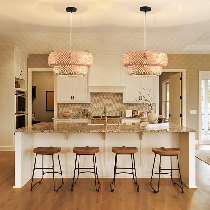 Hand Woven Rattan Pendant Light 14 Inch 2 Layer Round Bamboo Light Fixture Minimalist Boho Pendant Light for Kitchen Island Dining Room Living Room Corridor Foyer Hallway