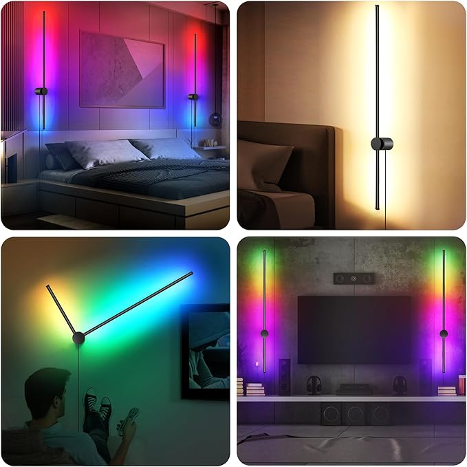 RGB LED Wall Sconces Set of Two with Remote, 15 Color Modes, Dimming, DIY 180° Rotate, Black Plug in Wall Sconces with Warm Light, Dynamic Multicolor Ambience Lights, Plug in Wall Light, 39.4 Inches