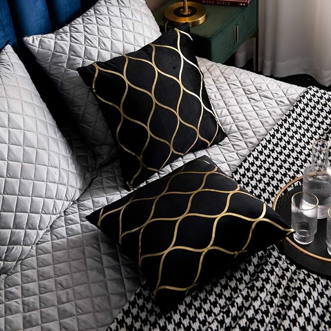 24x24 Inch Gold Velvet Throw Pillow Covers: 2 Pack Square Decorative Pillow Cases for Bedroom Sofa Couch Living Room, Black