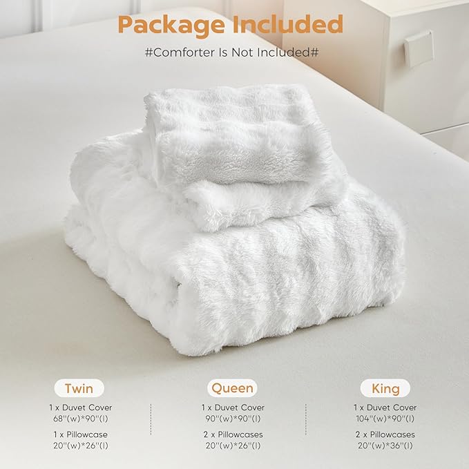 Tokokimo Fluffy Fleece Queen Size Duvet Cover Set, Ultra Soft Reversible Heavyweight Bedding Set, Extra Warm Winter Duvet Cover Set with 2 Pillow Cases, All Season Fuzzy Comforter Cover Set, White