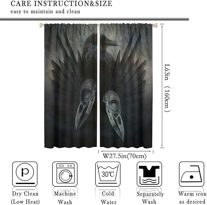 Gothic Blackout Window Curtains, Halloween Black Raven Crow Black Dark Wings Rod Pocket Window Treatments Drapes, for Living Room Bedroom 27.5(W)*63(L) 2 Panels