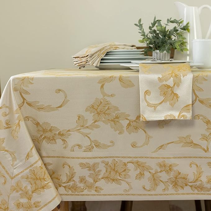 Benson Mills Harmony Scroll Woven Damask Fabric Tablecloth, Everyday, Parties, Special Occasions, Weddings and Holiday Table Cloth (60" X 104" Rectangular, Silver – Gold)