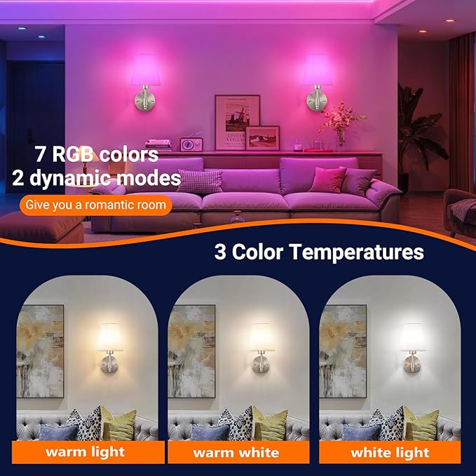 Battery Operated Wall Sconces Set of Two, Indoor Wireless Wall Mounted Lamp with 10000mAh Dimmable Bulb and Remote, RGB Colors Rechargeable Wall Light for Bedroom Living Room Decor