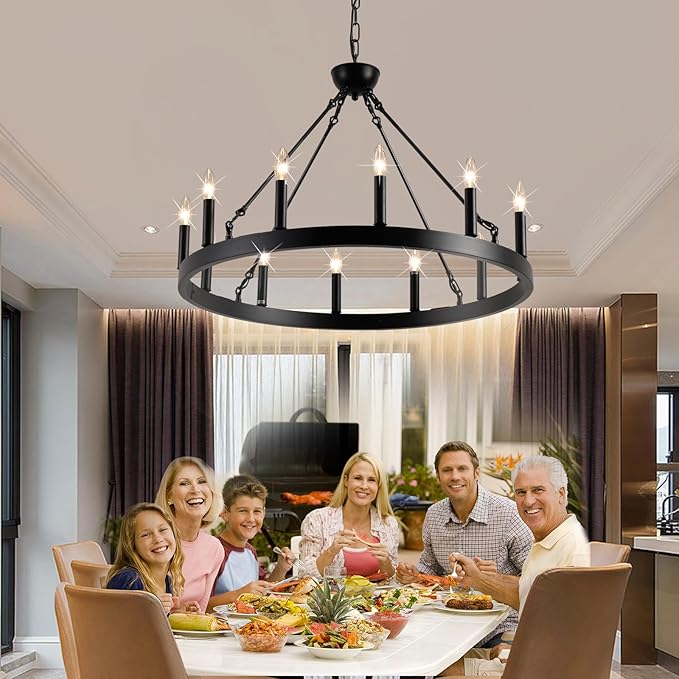 Wagon Wheel Chandelier 32" 12-Light, Round Black Chandeliers Farmhouse Modern Wagon Wheel Light Fixtures, for High Ceiling Dining Living Room, Foyer, Entryway