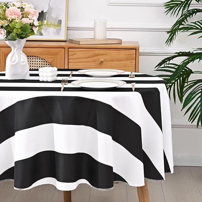 ASPMIZ Black and White Striped Tablecloth for Round Tables, Geometric Stripe Waterproof Table Cloth for Kitchen Dining Room, Polyester Tablecloth Round 60”