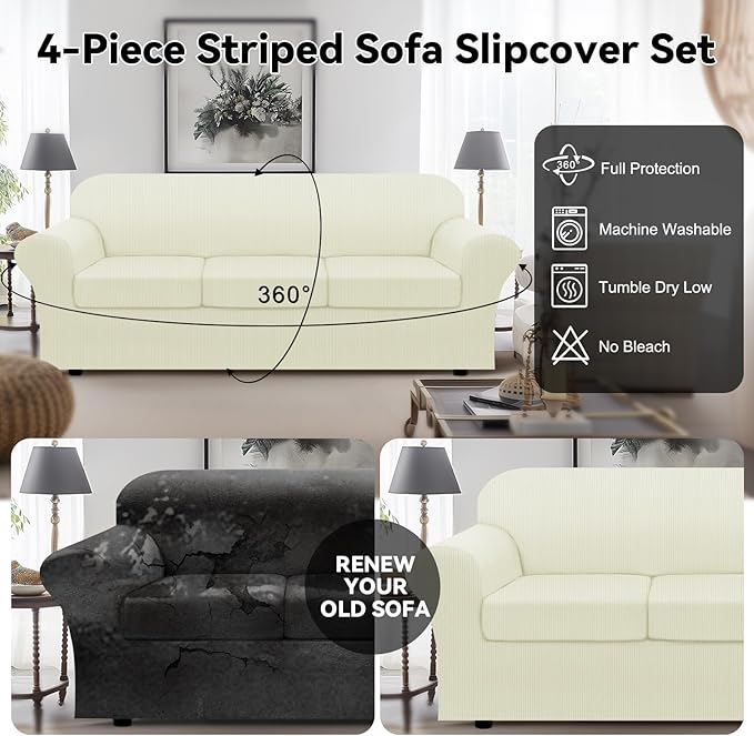 100% Waterproof Extra Large Couch Cover 4-Piece Set Striped Sofa Slipcovers for 3 Cushion Couch Covers with TPU Leakproof Bottom Stretch Protector Pet Proof - Sofa(3-Cushion), Ivory