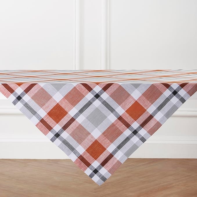 Solino Home Linen Plaid Tablecloth 52 x 52 Inch - 100% Pure Linen Cinnamon Square Tablecloth - Autumn, Thanksgiving, Holiday, Fall Buffalo Check Machine Washable Table Throw