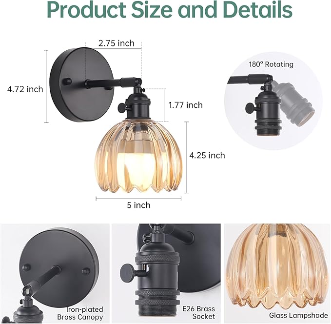 Vintage Battery Operated Wall Sconce with Amber Tulip Glass Lampshade Rechargeable Battery Powered Black Wall Light with Remote Control for Bedside Bedroom Doorway, Set of 2
