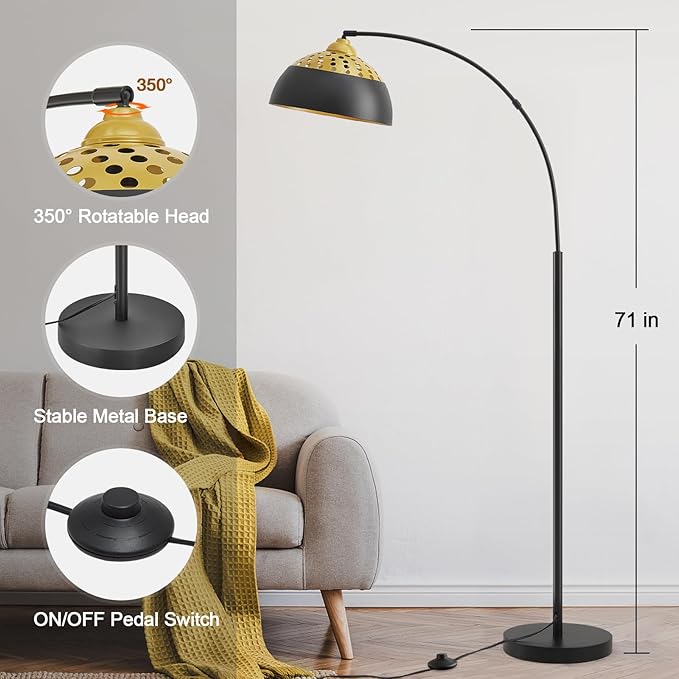 Luvkczc Arc Floor Lamps for Living Room, Black Standing Lamp with Adjustable Hanging Metal Hollow Shade, 71" Tall Pole Lamp with Foot Switch, Over Couch Arched Reading Light for Bedroom, Office
