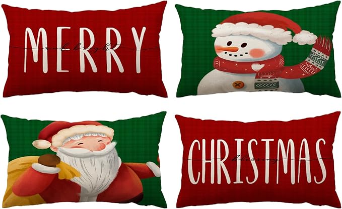 Merry Christmas Pillow Covers 12x20 Set of 4 Red Green Xmas Throw Pillow Covers Winter Holiday Pillow Covers Pillow Cases Home Outdoor Sofa Couch Cushion Covers for New Year(12 by 20)