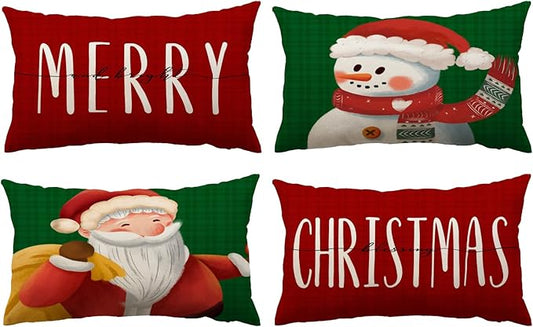 Merry Christmas Pillow Covers 12x20 Set of 4 Red Green Xmas Throw Pillow Covers Winter Holiday Pillow Covers Pillow Cases Home Outdoor Sofa Couch Cushion Covers for New Year(12 by 20)