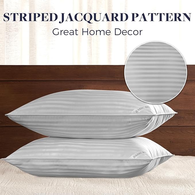Basic Beyond Pillows Queen Size Set of 2 - Soft Down Alternative Pillows Set of 2 for Back, Stomach or Side Sleepers, Silver, 20x28 Inches