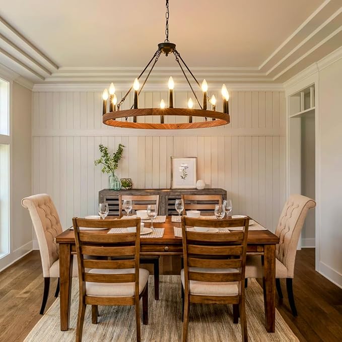 Wagon Wheel Chandelier 32" with Wood Grain Finish, 12-Light Farmhouse Dining Room Light Fixture, Modern Round Iron High Ceiling Chandeliers for Living Room, Foyer, Entryway, E12