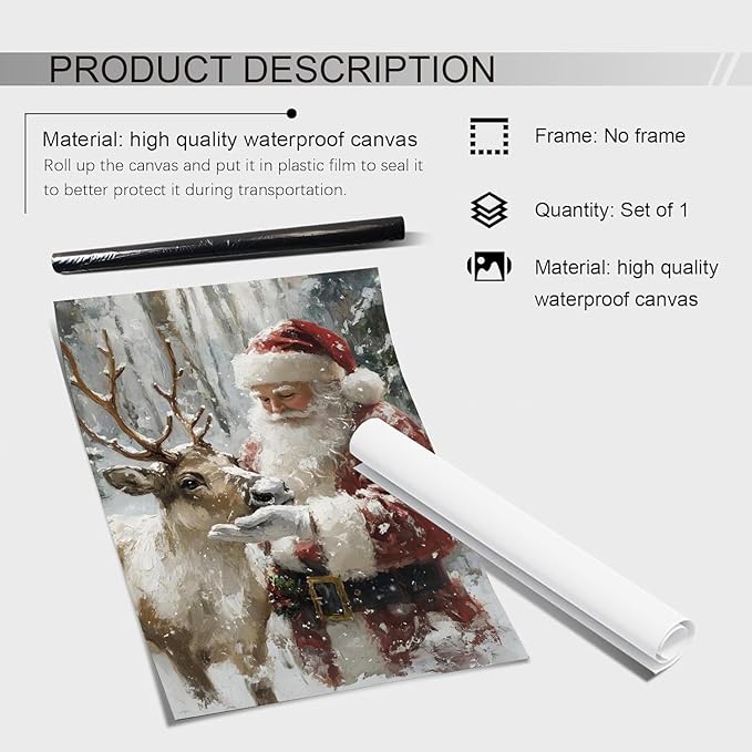Santa With Reindeer Wall Art Prints,Vintage Christmas Santa Reindeer Print,Rustic Holiday Winter Cottagecore Decor