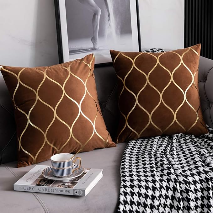 Gold Velvet Throw Pillow Covers: 2 Pack 22x22 Inch Square Decorative Pillow Cases for Bedroom Sofa Couch Living Room, Light Brown