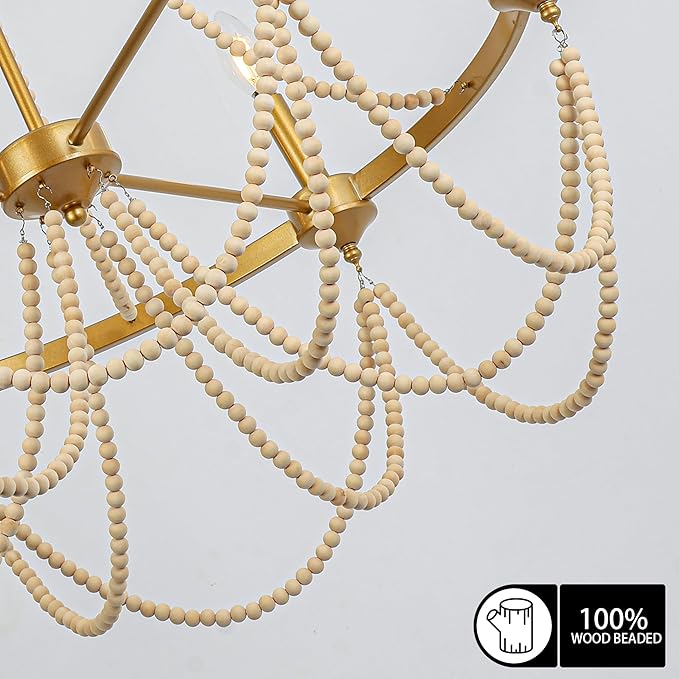 COCOSTAR Elegant Beaded Chandeliers for Dining Room,28 Inch Gold Wagon Wheel Light Fixture,Farmhouse Modern Chandelier for Coastal Bohemia Room,6xE12