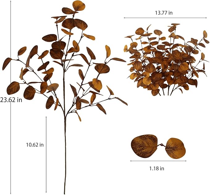4PCS 24" Autumn Brown Metallic Artificial Eucalyptus Stems Real Faux Eucalyptus Leaves for Fall Home Decor, Thanksgiving Centerpiece Christmas Living Room Vase Decoration
