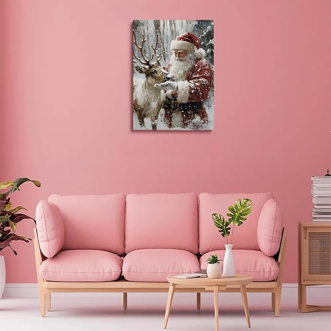 Santa With Reindeer Wall Art Prints,Vintage Christmas Santa Reindeer Print,Rustic Holiday Winter Cottagecore Decor