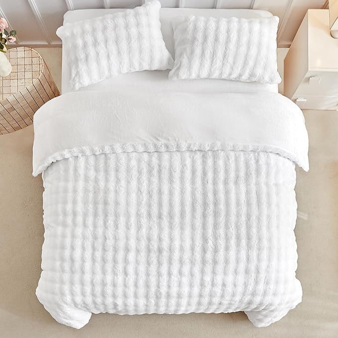 Tokokimo Fluffy Fleece Queen Size Duvet Cover Set, Ultra Soft Reversible Heavyweight Bedding Set, Extra Warm Winter Duvet Cover Set with 2 Pillow Cases, All Season Fuzzy Comforter Cover Set, White