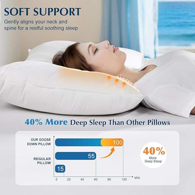 Luxury Goose Feather Down Pillows King Size Set of 2, 3-Chamber 5 Star Hotel Pillow for Deep Sleep, Soft Bed Pillows for Neck Pain Relief, Perfect for Side, Back Sleepers - 20"x36"