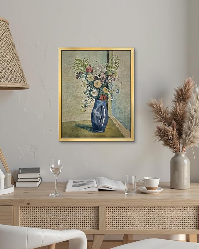 AIMAILON Vintage Gold Canvas Wall Art Framed Decor for Living Room Kitchen Colorful Wildflower Print Still Life Classical Home Decration Artwork Picture Desktop Decor 16x20